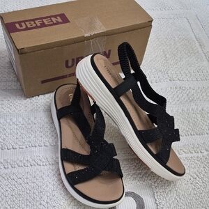 UBFEN Black Sparkle Slingback Comfort Sandals Low Wedge Ankle Strap Size 41 (10)